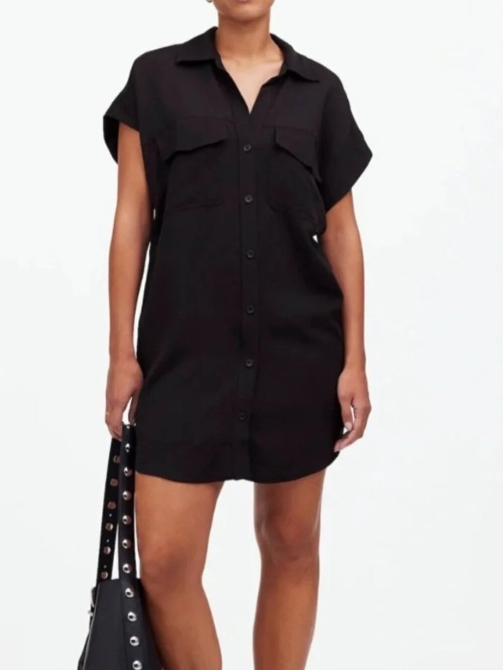 Madewell Black Utility Button Front Mini Dress Linen Blend Women's S